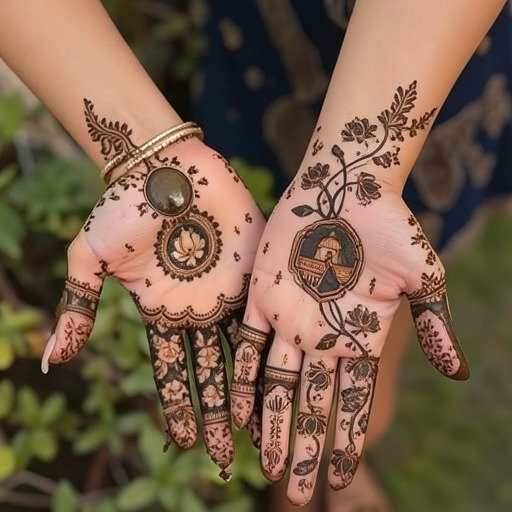 Palm mehndi design featuring a central mandala