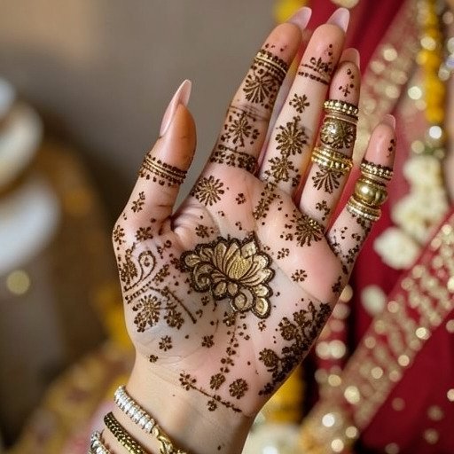 Front hand mehndi design photographed in natural light