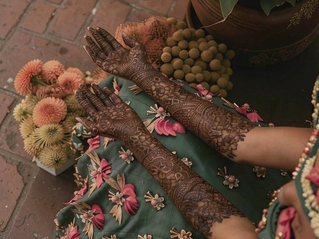 Bridal mehndi design with detailed palm and lighter fingers