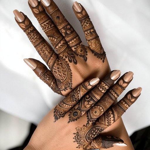 Back hand mehndi design with detailed finger patterns