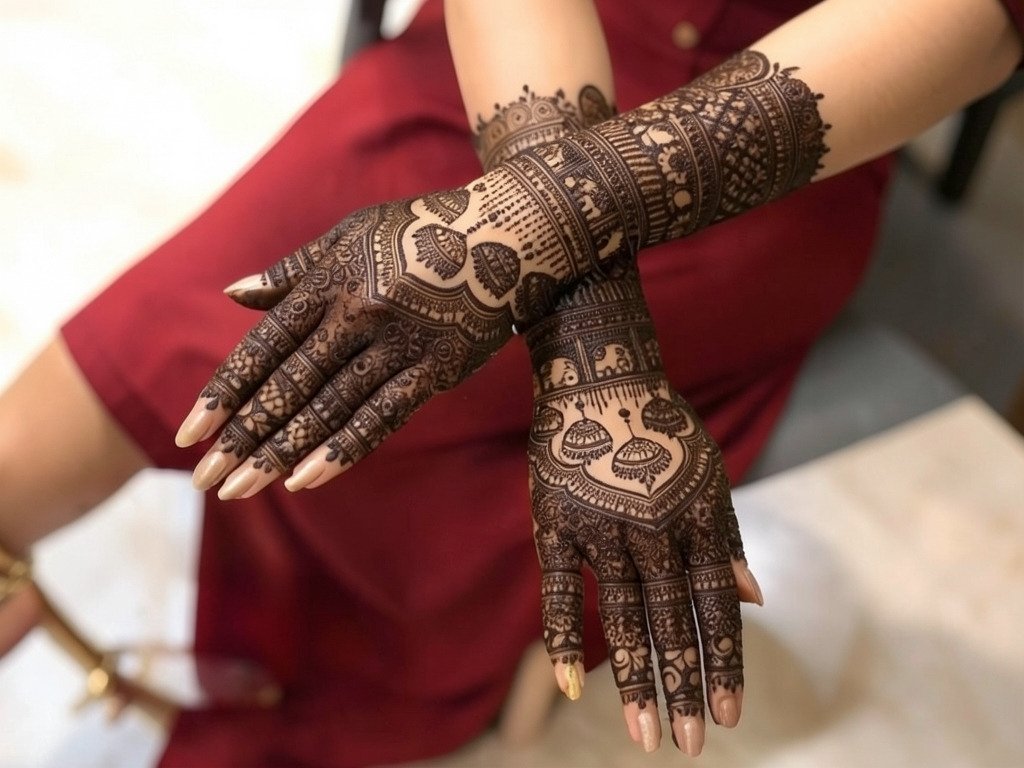 Stylish back hand mehndi design popular for modern weddings