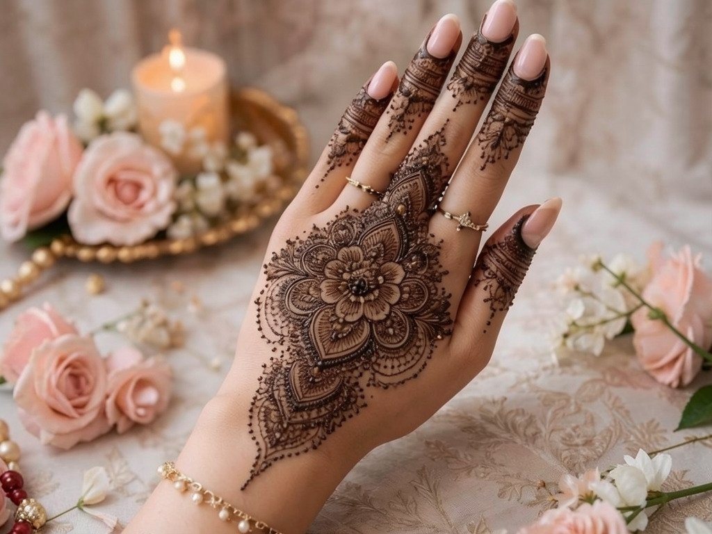 Close-up of Arabic mehndi floral detailing