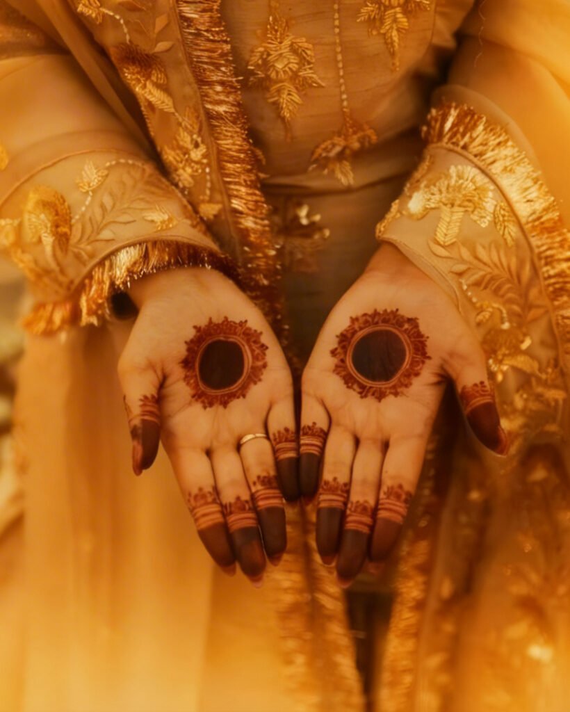 Bride sitting during a mehndi ceremony with fresh henna applied on hands