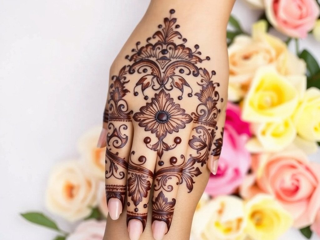 Bride sitting during a mehndi ceremony with fresh henna applied on hands