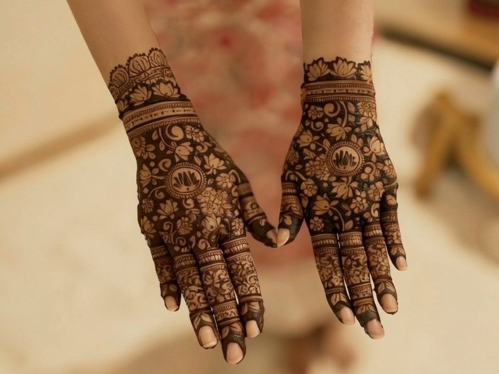 Fresh mehndi paste applied on hands before drying